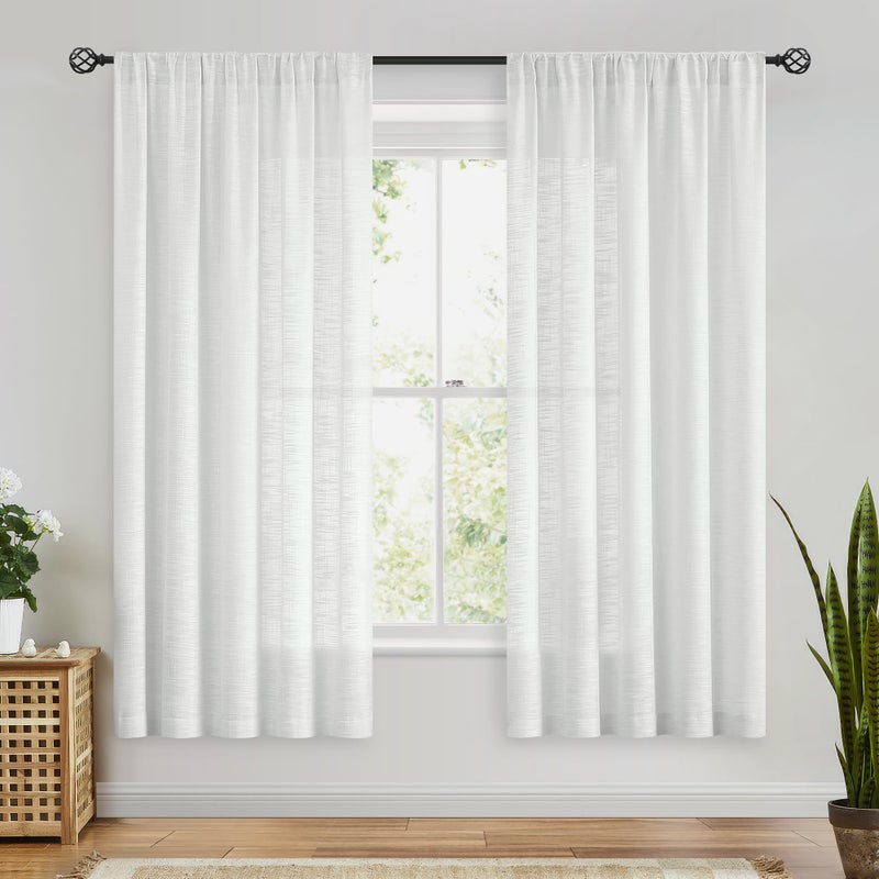 FMFUNCTEX Linen Semi Sheer White Curtains for Bedroom Living Room, Curtain Panels 63 Inch Length Sheer Linen Textured Window Drapes Farmhouse Light Filtering 2 Panels Rod Pocket - Image 2